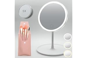 Three Stars | Espejo de Maquillaje con luz Led Recargable | Regalo: Set de 8 brochas | Encendido y regulación del Brillo táctil | 3 Colores de luz | Aumento X1/X5 | Rotación 180°