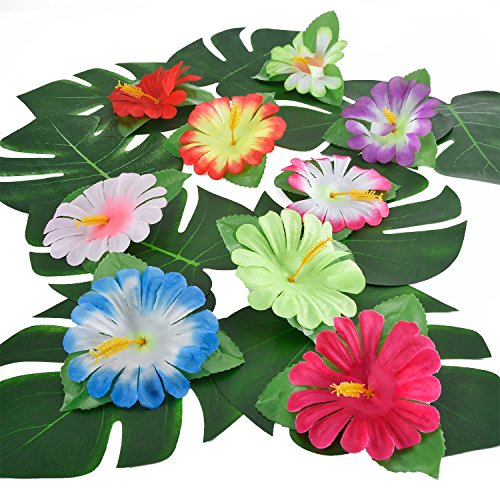 32 Piezas Hojas Tropicales Hibiscus de Simulación para Decoración de Fiesta Hawaiana Luau Selva