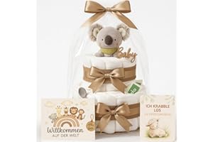 ‎HOMERY Windeltorte Mädchen & Junge mit Koala Greifling - Boho Vintage [Handmade] – Baby Geschenk zur Geburt mit Koala-Greifling, Premium Windeln & Bio-Tee – Windeltorte Neutral & für Babyparty