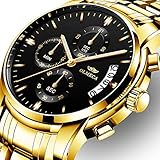 Herrenuhr Mode Luxus Quarz Armbanduhr Wasserdichte Chronograph mit Leder Edelstahl Uhren für Männer (C-Gold Black)