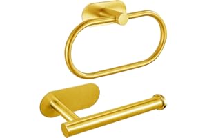 Toilet Paper Holder/Towel Ring Self Adhesive, Eolax No Drilling Gold Bathroom Hardware Accessories, Stainless Steel Sticky Toilet Roll Hanger and Hand Towel Holder, Wall Mounted, 2 Pieces