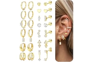 Dochais 13 Pares Pendientes Oro Plata para Mujer, 14K Chapado Oro HipoalergénicosSet de Pendientes Clip Huggie Hoop en Acero Quirúrgico 316L para Múltiples Piercings Joyería Dainty