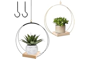 Kunaxku 2 Stück Blumenampel Hängend Innen,Metallring mit Holzsockel,Hängetopf für Pflanzen,Hängender Blumentopf Hängend,Hängeampel Blumen,Blumenampel Innen,Hängepflanzen Topf,Aufhängehaken Inklusive