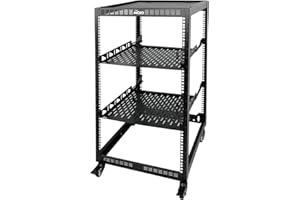 Tecmojo 20U Open Frame Server & AV Rack, 4-Post Mobile Network Rack with Casters, 2x 1U Shelves, Mounting Hardware for 19” Servers, Network & Audio Gear