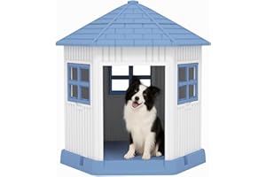 DRATO Dog House Indoor Outdoor Durable Large Dog Shelter with Outside Dog Kennel with Window and Elevated Floor for Small Medium Dogs (Blue, 34.8 * 30.51 * 36.89)