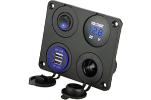 Linkstyle 4 in 1 12V Switch Panel, 4.2A Dual USB Outlet Charger Socket with Waterproof ON/OFF Rocker Switch, LED Digital Voltmeter & Cigarette Lighter Socket for Car Marine RV Boat Truck
