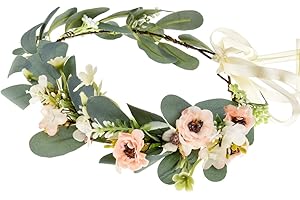 EVER FAIRY Couronne de fleurs pour bébé avec fleurs d'eucalyptus, feuilles vertes, bandeau de mariage (rose)