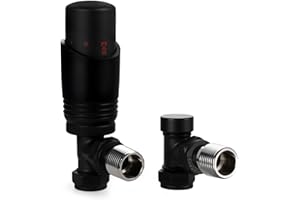 VANCOCO Matte Black Thermostatic Radiator Valve 1/2"×15mm Angled with Lockshield, Thermostat TRV Set, H62 Brass, Energy Saving