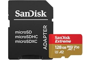 SanDisk Extreme 128 GB microSDXC Memory Card + SD Adapter with A2 App Performance + Rescue Pro Deluxe, Up to 160 MB/s, Class 10, UHS-I, U3, V30 , Red/Gold