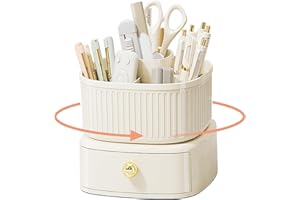 HISDRICUS Organizer na kosmetyki, Organizer do makijażu, 360° Obrotowy Organizer Toaletki z Szufladą i 5 Przegródkami, Dwupoziomowy i Odłączany, Odpowiedni do Toaletki, Sypialni (Kremowy Platyna)