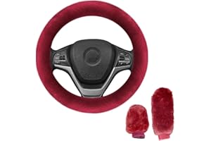 BIQIQI 3 PCS Housse de Volant pour Voiture, Hiver Faux Laine Volant Couvre, Couvercle de Frein à Main, Couverture de Changement de Vitesse, Intérieur de Voiture Universel 36-39cm (Rouge foncé)