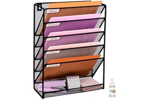PLSOPPKG Porte-documents mural à 6 niveaux A4 à suspendre - En maille métallique durable - Porte-revue mural de bureau à 6 niveaux-Organisateur de courrier, Grand Trou de Maille, Noir