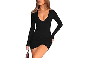 Coloquin Women Sexy Deep V Neck Long Sleeve Ruched Bodycon Mini Dress Cocktail Party Going Out Dress