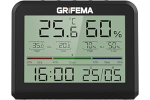 GRIFEMA GA2901B, Termómetro Digital Interior del Higrómetro, Digital Medidor de Humedad con Retroiluminación, Registro Máx/Mín, Reloj/Fecha, Ideal para Hogar/Invernadero, Negro