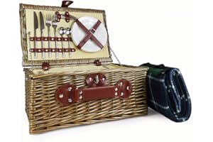 FINE FOOD STORE Cream Chiller 2 Person Picnic Basket Wicker and Green Blanket with Built In Chiller Compartment and Accessories - Gifts for Christmas, Mum, Birthday, Valentines, Mothers Day, Wedding, Anniversary