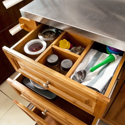 SoBuy® Luxus-Küchenwagen aus hochwertigem Bambus mit Edelstahlarbeitsplatte,Kücheninsel,Küchenschrank,B129xT46xH91cm FKW14-N - 3