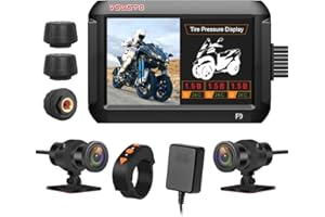 VSYSTO Enregistreur de Moto avec Trois Capteurs de Pression des Pneus Double Caméra Avant et Arrière 1080P Écran de 4,0 Pouces Wi-FI GPS WDR Étanche (6 Couches de Verre + 150° Grand Angle)