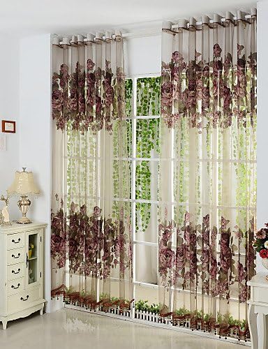 CLL/ Two Panels Burgundy Floral Botanical Polyester Sheer Curtains , double pleated-2* , double pleated-2*