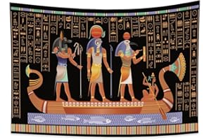 YONGFOTO 100x70cm Starożytny Egipt gobelin, egipski wzór gobeliny hieroglificzne ryciny łódź tradycyjne drewno gobelin do salonu akademik wystrój sofy koc