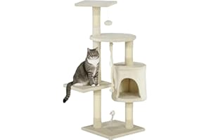 PawHut Árbol para Gatos Rascador 112 cm de 4 Pisos con Poste para Arañar Cueva Espaciosa Múltiples Plataformas Juguetes Divertidos 112x75x40 cm Beige