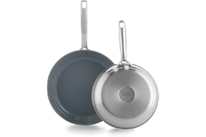 GreenPan Treviso Set di 2 Padelle in Acciaio Inox con Rivestimento Ceramico Antiaderente Sano, 24 cm e 28 cm, senza PFAS, Induzione, Forno e Lavastoviglie, Argento