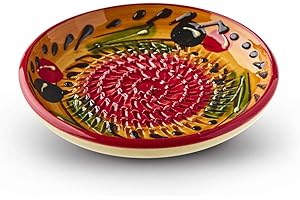THE GREAT GARLIC GRATER Garlic Grater Plate. (#Ref 6). Handmade and Hand Painted in Cordoba, Spain. Orange Plate with Red Circle and Red Rim, Olive Pattern.
