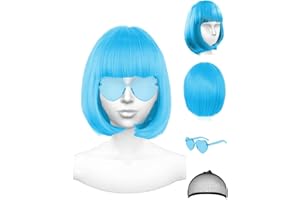 ACOECO Featured Wigs and Heart Sunglasses, Color Bob Wig, Party Cosplay Wigs, Rainbow Wig with Neon Glasses for Women - Bachelorette Party Decorations Favors (Sky Blue)
