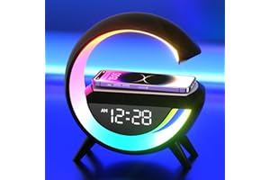 EXSIVEMY Atmosphere Lamp with 15W Wireless Charger Led Alarm Clock Dimmable Ambient Light Smart Table Lamp with Bluetooth Speaker Dazzling Running Lights 13 Modes Lights for Adults Kids Office Bedroom (Black)