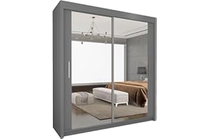 UK SLIDING WARDROBE Modern Full Size Double Mirrors 2&3 Sliding Doors Wardrobe With Adjustable Shelves, Hanging Rails,Bedroom Furniture (Grey, 100cm)