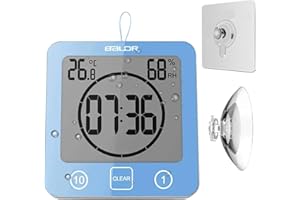 LINDAHOME Waterproof Bathroom Wall Clock Shower Timer, Digital Large Visual Countdown Alarm Clock with Temperature Humidity, Mirror Suction & Rope Hanging & Stand, Easy Table Timer for Bath Kitchen Spa (Blue)