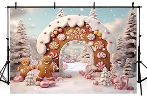 MEHOFOND Toile de fond de Noël en forme d'arche de pain d'épices pour photographie d'hiver en pin bonhomme en pain d'épices, bonbon, neige, arrière-plan pour adulte et enfant, portrait, fête de