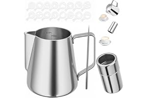 FORMIZON 350ml/600ml Jarra para Leche de Acero Inoxidable 304, Leche Café Jarra con Marca de Medición, Jarra de leche Lápiz Artístico de Leche, 16 Piezas Plantillas de Café Cappuccino Latte (350ml)