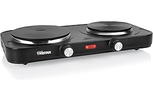 Placa de cocina pórtatil Tristar - Doble quemador - Para alojamiento de estudiantes, camping, cocina americana - 15,5 y 18,5 cm de diámetro - Termostato regulable - 2 500 W - KP-6152