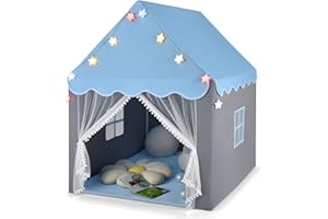 COSTWAY Tenda da Gioco per Bambini, Tenda Castello con Tappetino Lavabile, Luci a Forma di Stella, per Interno ed Esterno, 105 x 121 x 136 cm (Azzurro)