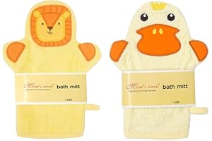 EYANDS 2Pcs Yellow Baby Wash Mitt - Cute Animal Designs Kids Washcloths Glove, Child Bath Mitt for Cleanse The Skin(Lion, Duck)