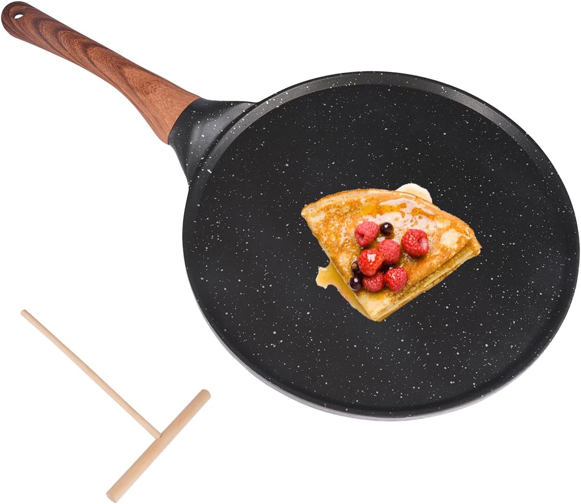 Rairsky Sartén para Crepas Antiadherente,26cm Sartén Antiadherente para Crepes,Crepera Sarten con Esparcidor,Fácil de Limpiar,para Crepes, Pancakes y Tortillas sin PFOA (Color Negro)