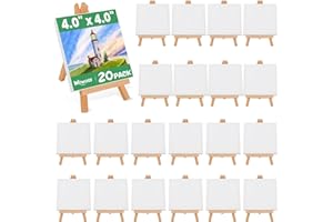 WOWOSS 20Pcs 3×6in Mini Canvas and Easel Set, Small Painting Easel with 20Pcs 4x4in Art Canvases Table Top Holder for Displaying Canvas Paintings Drawing Weddings DIY Arts and Crafts