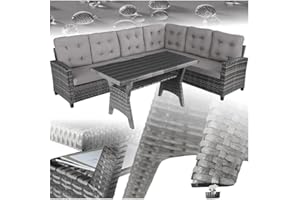 ‎TECTAKE tectake® Gartenbank, Set mit Bank und Esstisch, Rattan Eckbank Outdoor Lounge, Sitzecke wetterfest als Gartenlounge, Balkon Möbel, Wintergarten, Terrasse - grau