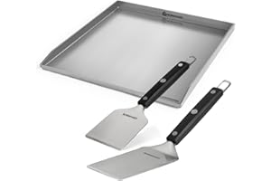 BURNHARD Edelstahl Plancha Set Fred 41,5 x 40,0 cm mit 2-tlg. Grillspachtel und Grillschaber Set