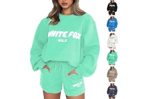 PREVENTLY White Fox Tracksuit Women Oversized Two Piece Outfit Long Sleeve Pullover and Loose Short Sweatpants Y2k Track Suit Ladies Gym Jogger Activewear Casual Sportwear Running Walking Hiking