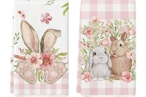 Artoid Mode Set di 2 asciugamani da cucina rosa a quadri di bufalo fiori coniglio pasquale, 42 x 65 cm, decorazione primaverile