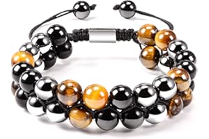 BOCHOI Bracelet Homme Bracelet Ajustable Bracelet Oeil De Tigre Triple Protection Bracelet Ajustable Oeil De Tigre Avec Pierre Naturelle 10-8mm Et Perles De Lave Pour Chance Et Confiance