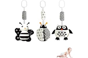 Mystiqut 3PCS Baby Hanging Toys 6 To 12 Months Newborn Pram for Babies High Contrast Black and White Sensory Gym Toys(Ladybug,Bee & Owl),(MXCRTYTS)
