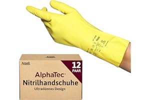 Ansell AlphaTec 37-320 Mehrzweckhandschuhe aus Nitril, Chemikalienschutz, Lebensmittel Geeignet, Wiederverwendbare Nitrilhandschuhe, Hausputz, Haushalt, Kochen, Gelb, Größe L (12 Paar)