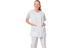 Hurry Jump Label Blouse Tunique médicale et esthticienne col trapèze 3 Poches Sergé 210 gramme Couleurs Blanc Pressions inoxydables Lavage Machine 90 degrés ou Industriel