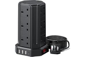 AODENG Tower Extension Lead with USB Slots 3M, 12 Way Outlets Multi Plug Extension Tower with 4 USB Slots (1 Type C & 3 USB Ports), Surge Protector Long Extension Lead tower for Home, Office, Kitchen
