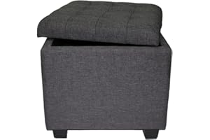 Requena Footstool Ottoman Storage Box, Wooden Frame Cube Pouffe for Living Room, Toy Chest & Dressing Stool with Lids for Bedroom, JD01-27 (Linen Dune-Grey)