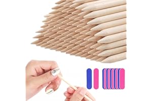 BHIPKOT 100 piezas de palos de manicura de madera naranja y 10 piezas de tiras frotadoras para uñas y pies