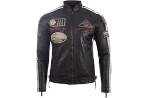 Aviatrix Chaqueta Biker De Cuero Autentico para Hombre con Cuello De Banda y Distintivos De Moto (CXUS)