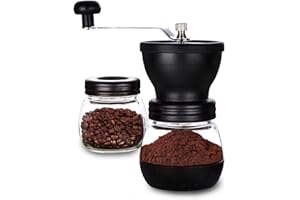 VIA CREMA Moulin à café manuel Moulin à grains en verre, couvercle en silicone, lames en céramique réglables Moulin à café manuel